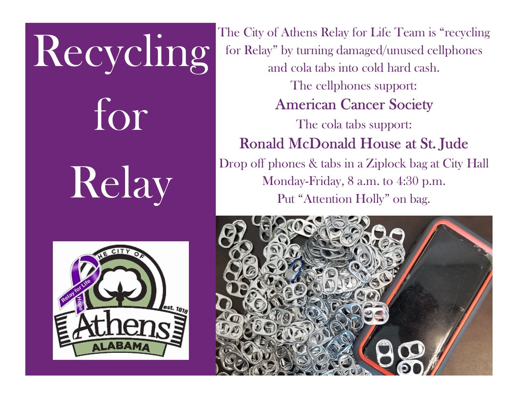 Flyer for recycling cellphones and cola tabs for Relay for Life